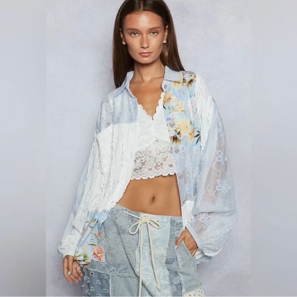 POL Tops - POL Mixed Media Patchwork Top in Cloud Blue